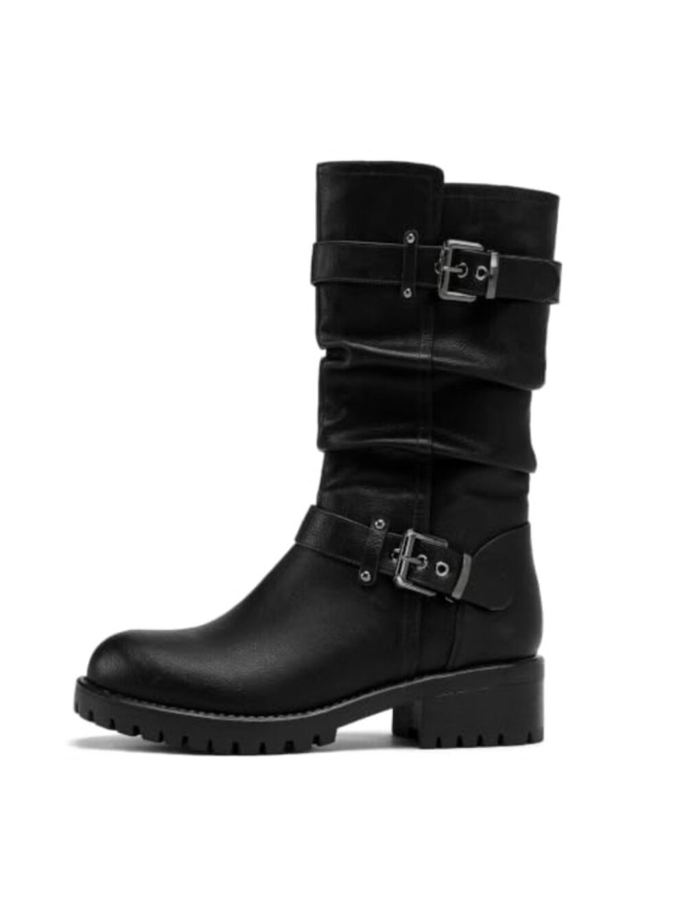 Wide Width Mid Calf Motorcycle Boots Faux Leather Chunky Heel